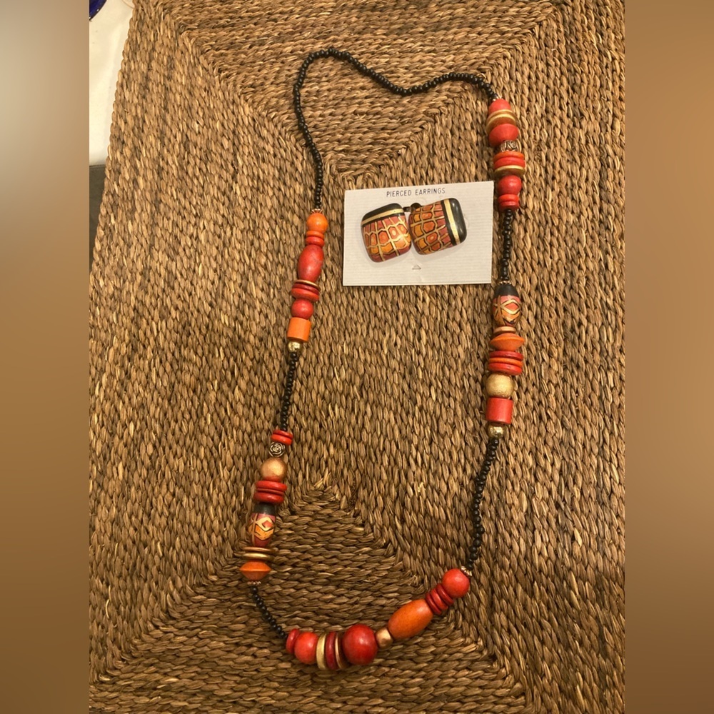 Handmade Wood Necklace & Earrings Set Red, Orange, Black & Gold NEW